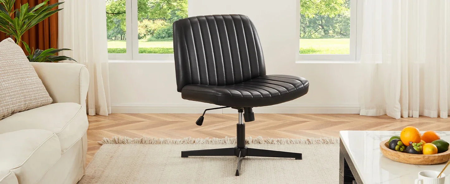 Cross Legged Office Chair, Armless Wide Desk Chair No Wheels, Adjustable Leather Vanity