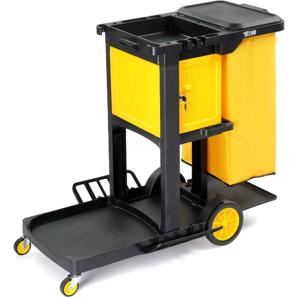 Janitorial Cart with Key-Locking Cabinet, 3-Shelf Commercial Cleaning Cart, Housekeeping Caddy