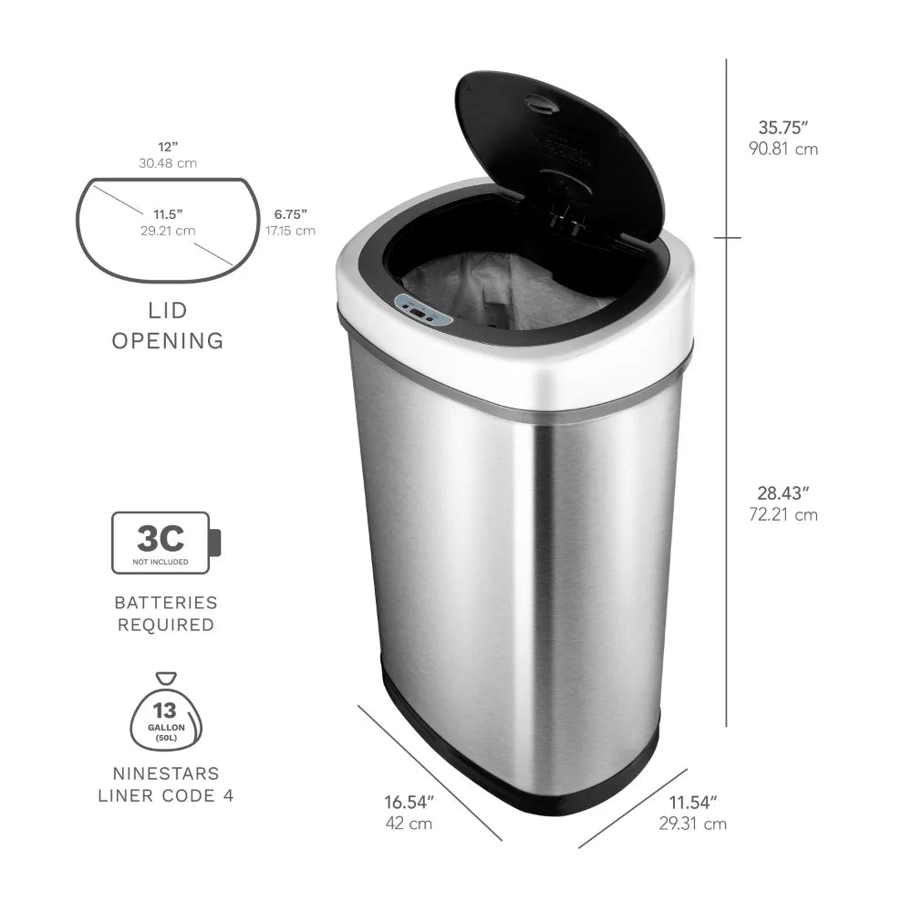 Litter Bins, Automatic Motion Sensor, Kitchen / Bath, Trash Can Stainless Steel w/Plastic Lid , 13 Gallon