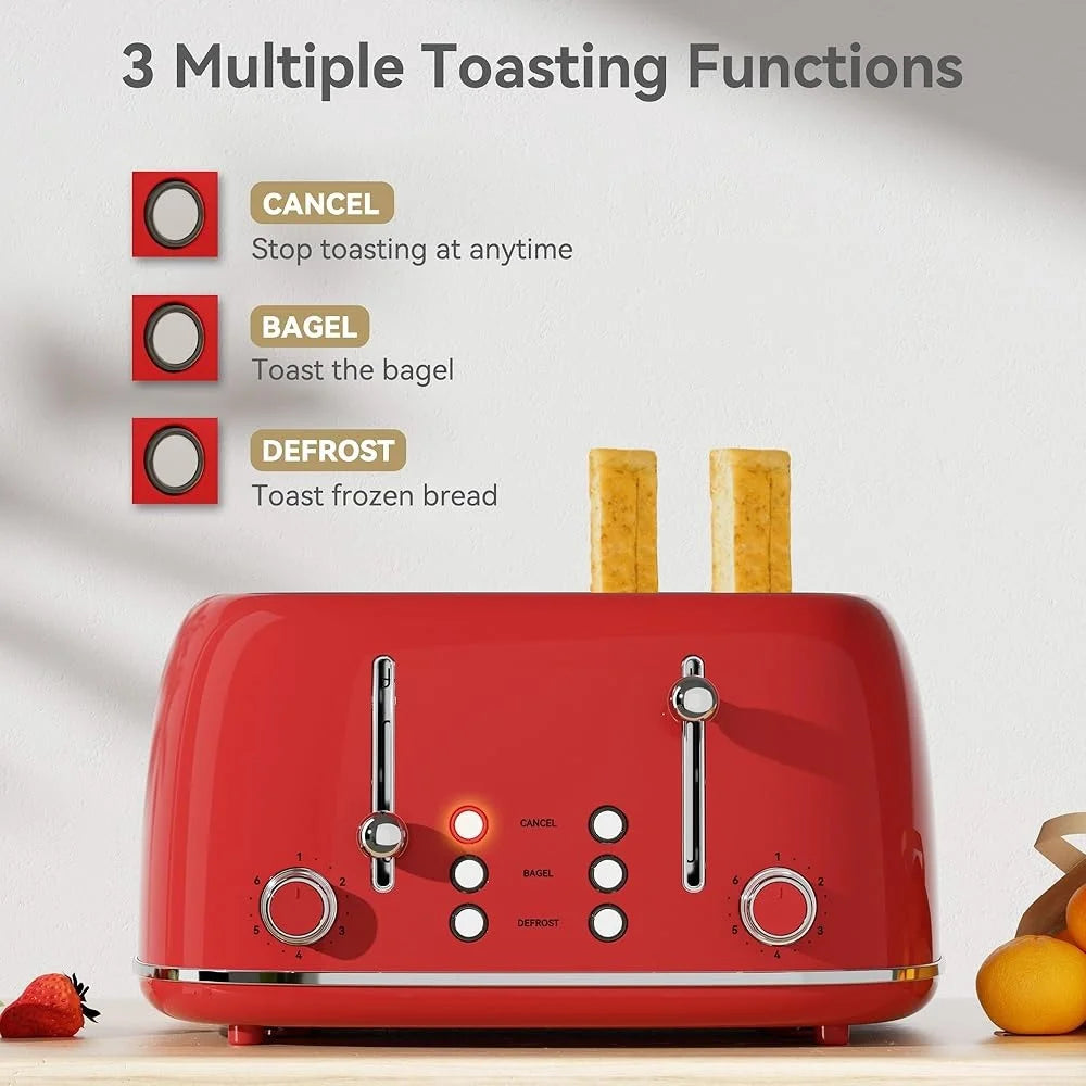 KITCHMIX 4 Slice Toaster Retro Design Stainless Steel 1.5" Slots 6 Levels Dual Controls Crumb Tray