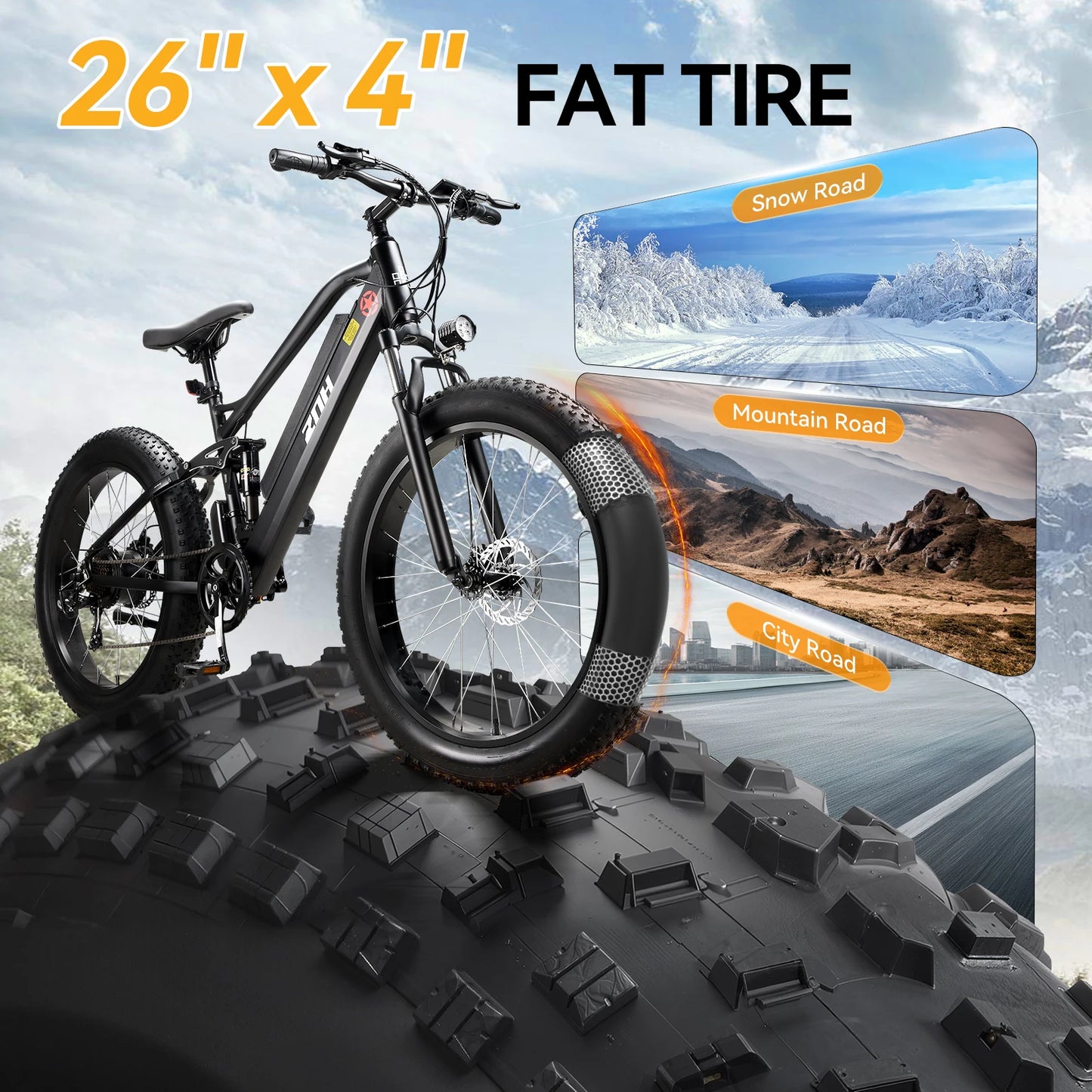1000W Electric Bike/Fat Tire Ebike 26MPH, 48V 13Ah Battery,26"x4" Electric Mountain Bike, 7-Speed