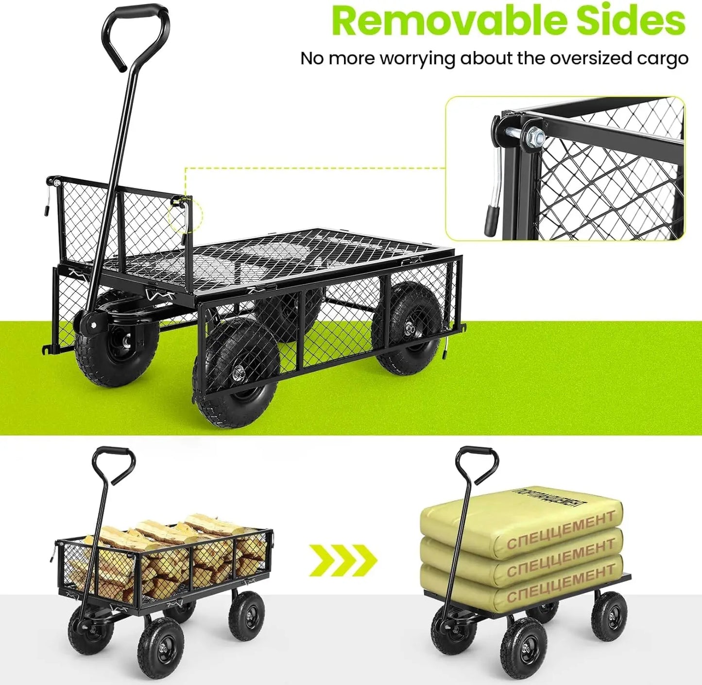 Steel Garden Cart 680 lbs Capacity Heavy Duty Garden Wagons w/ Steel Mesh Sides into Flatbed