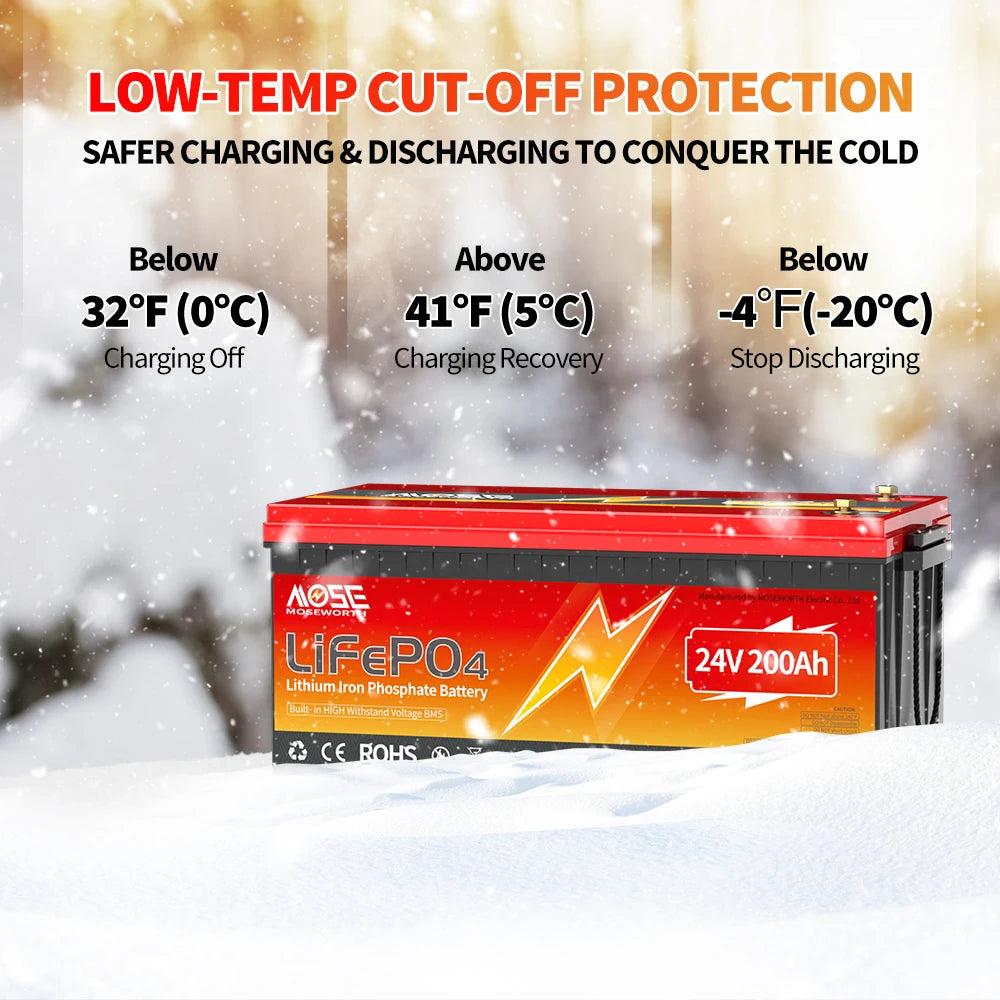 MOSEWORTH 24V 200Ah LiFepo4 Battery Built in 200A BMS Rechargeable Lithium Batteries