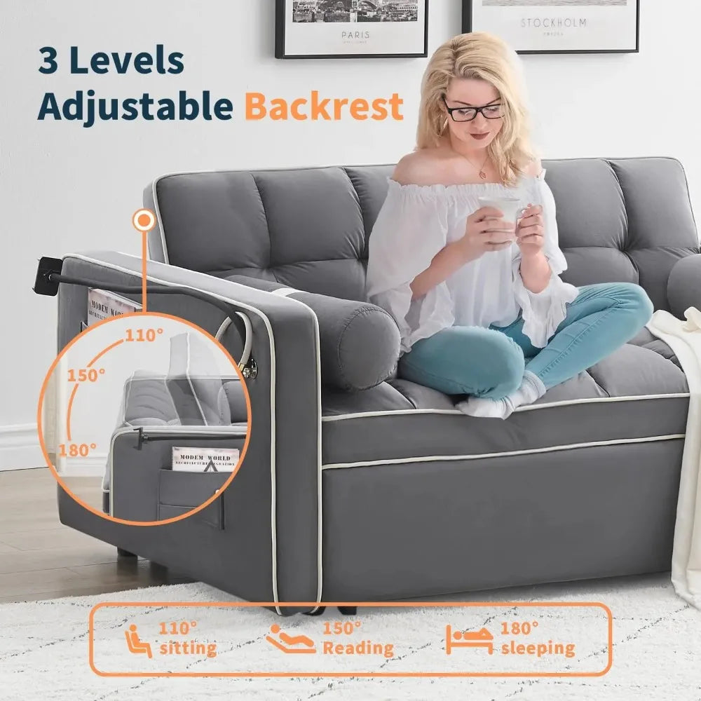 Sleeper Sofa Couch/ Futon Sofa Bed, 3 in 1 Convertible Pull Out w/ USB Port & Swivel Phone Stand