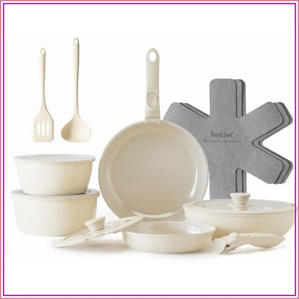 16pcs Nonstick Ceramic Pots and Pans Set, Detachable Handle, PFAS PFOA & PTFE Free
