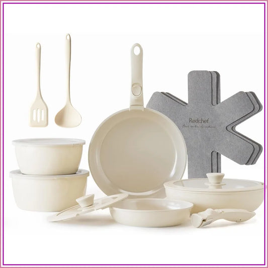 16pcs Nonstick Ceramic Pots and Pans Set, Detachable Handle, PFAS PFOA & PTFE Free