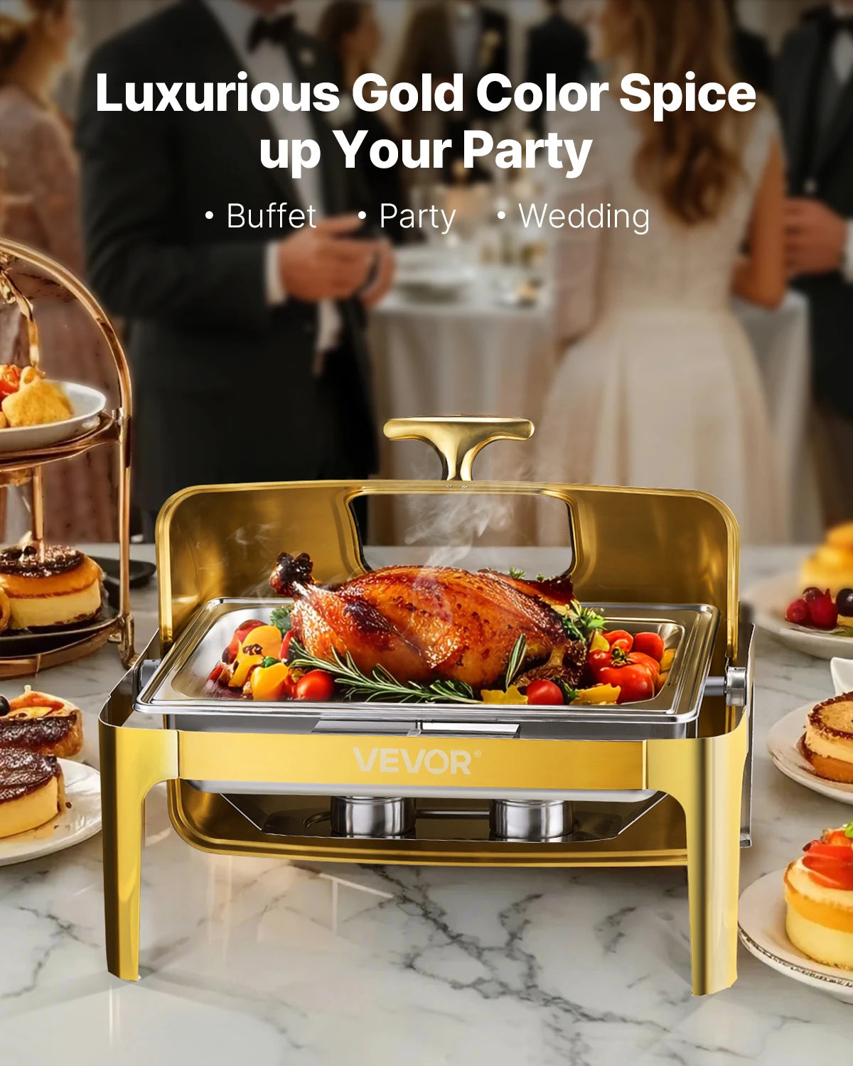 SucceBuy 9Qt Roll Top Chafing Dish Buffet Stainless Steel Chafer with Full Size Pan Visible Lid