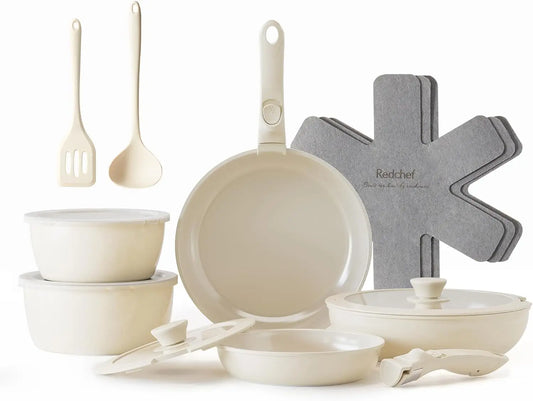 Nonstick Ceramic Cookware Set with Detachable Handle, 16-Piece Oven Safe Pots and Pans