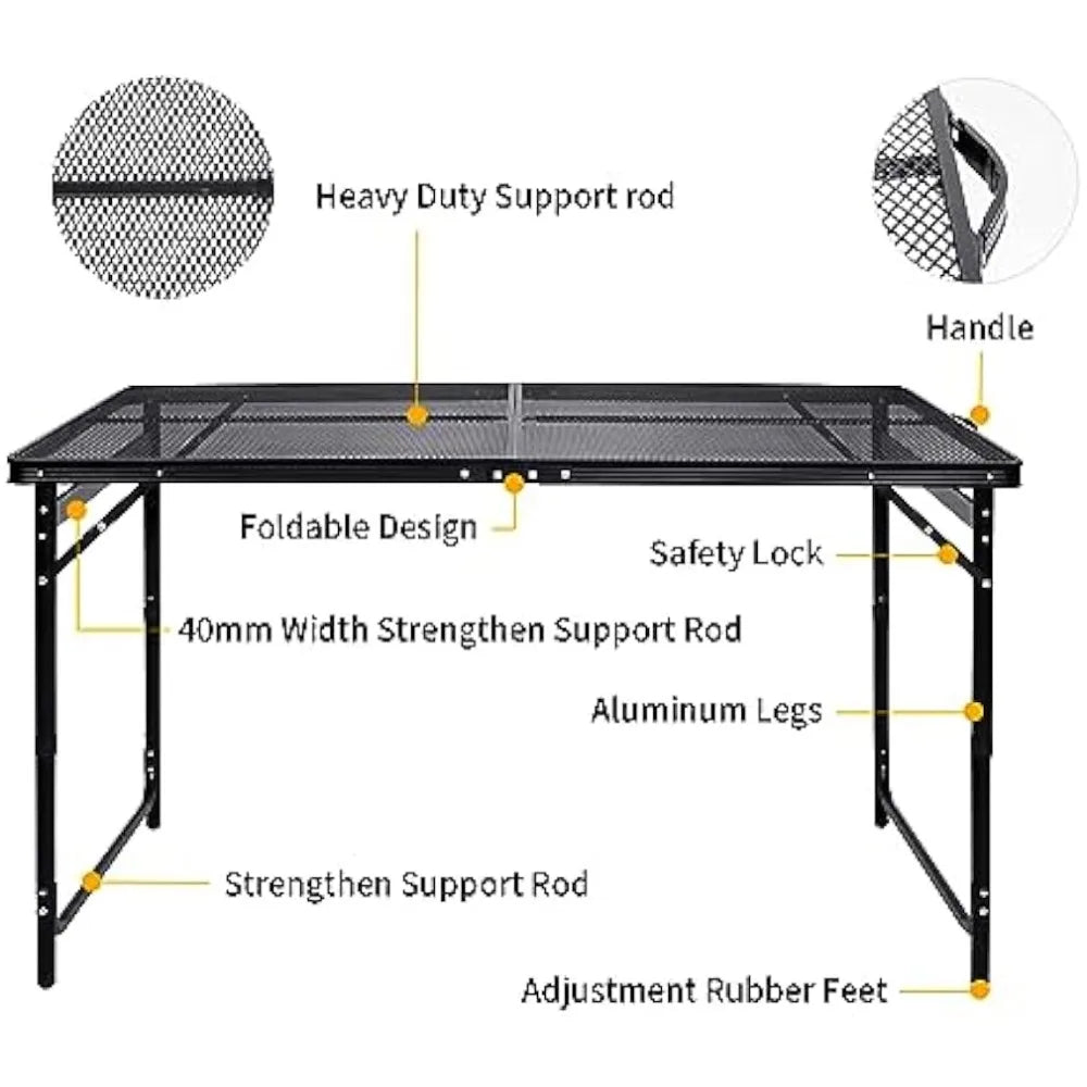 Moosinily Picnic Table 4Ft Grill Mesh Top Light Weight Portable Table Adjustable Height