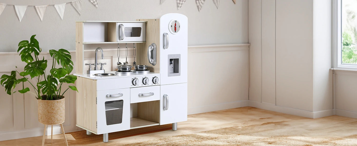 Kids Kitchen Playset, Preschool Cooking Kitchen, Toddler Wooden Pretend Play Toy w/Fridge, Stove