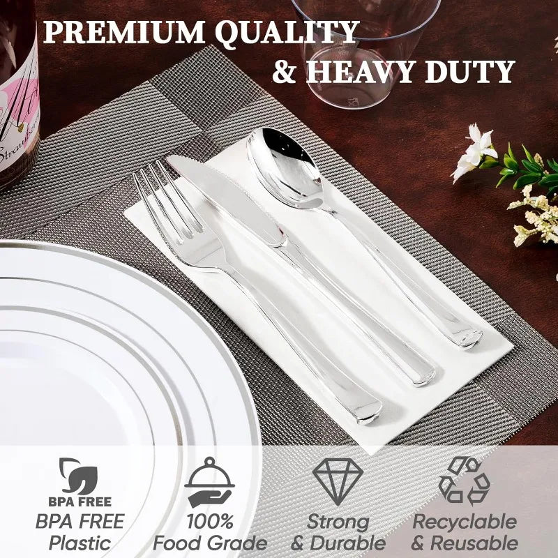 600pcs Dinnerware Set for 100 Guests, Silver Rimmed Plastic Plates Disposable, Dinner Plates, Dessert Plates, Cups