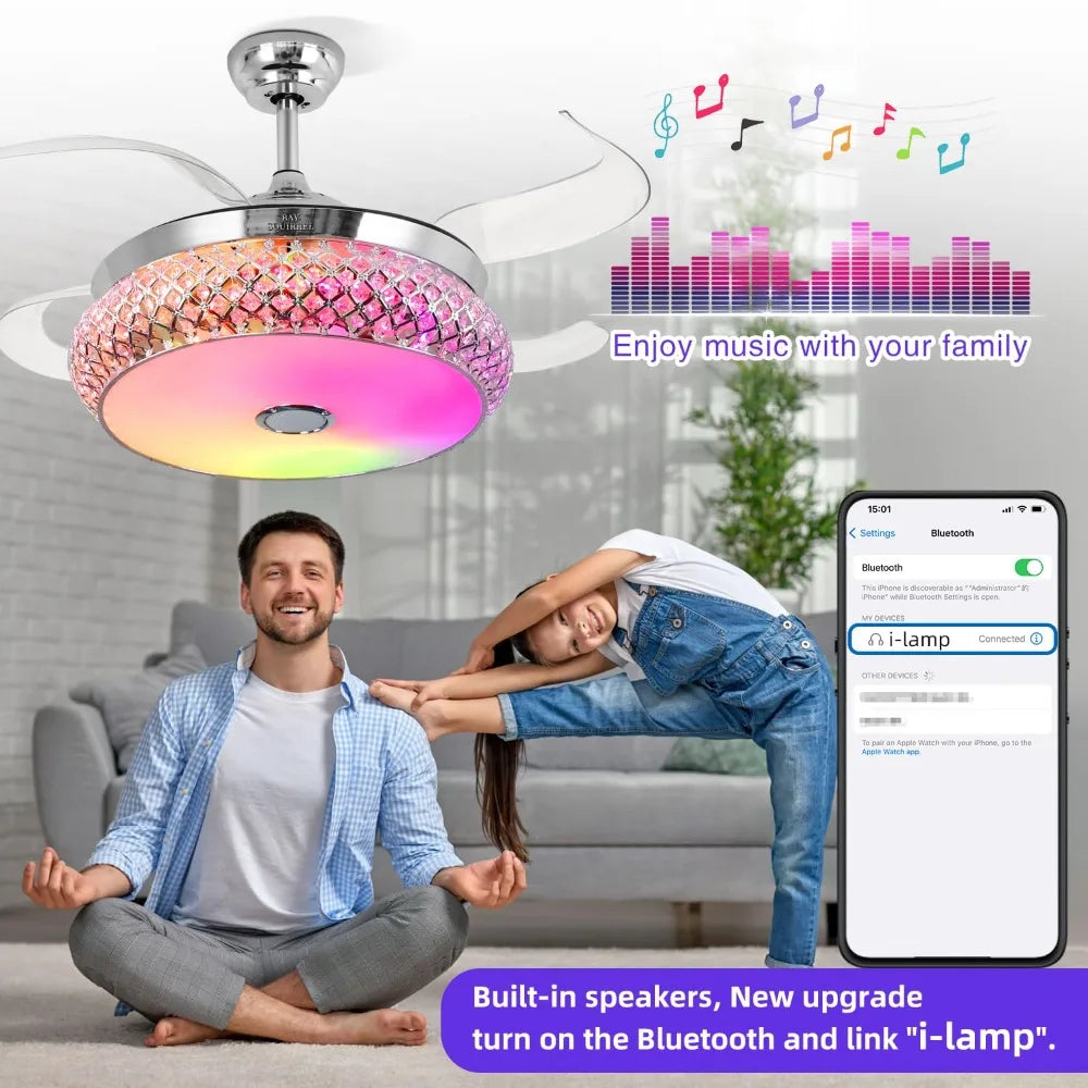 2024 Retractable Bluetooth Ceiling Fan w/Speaker, Retractable Fan w/ Light & Remote/APP Control