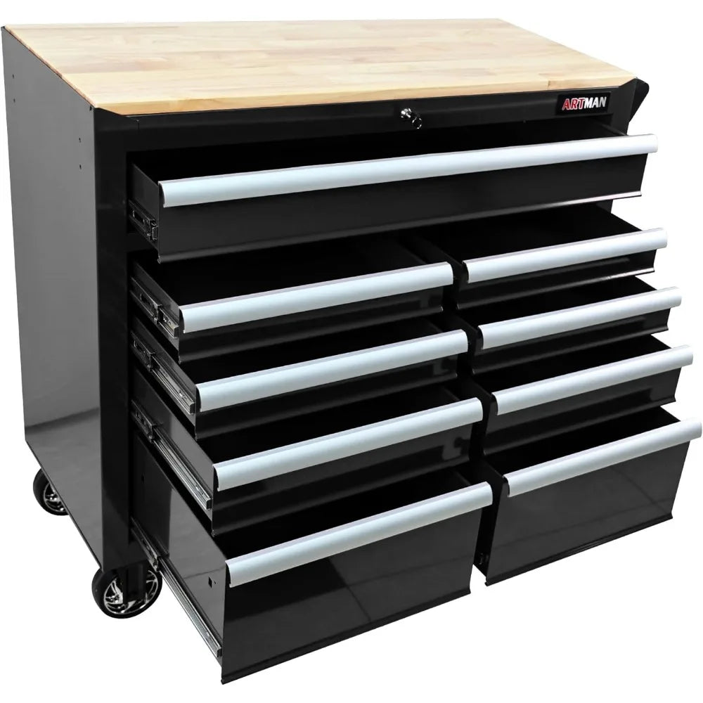 Heavy Duty Rolling Chest with 9-Drawer Wood Top Tool Cart Mechanic Tool Box with Wheels Tool Storage