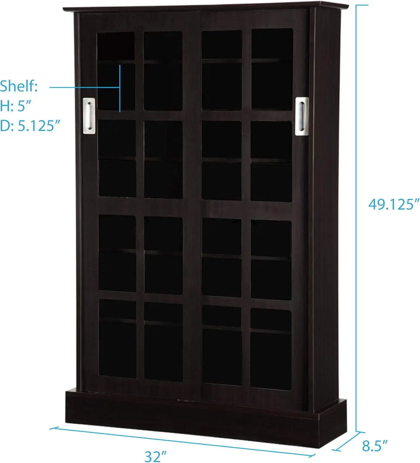 Windowpane Media Storage Cabinet with Tempered Glass Pane Styled Sliding Doors, Holds CD/DVD/Blu-ray