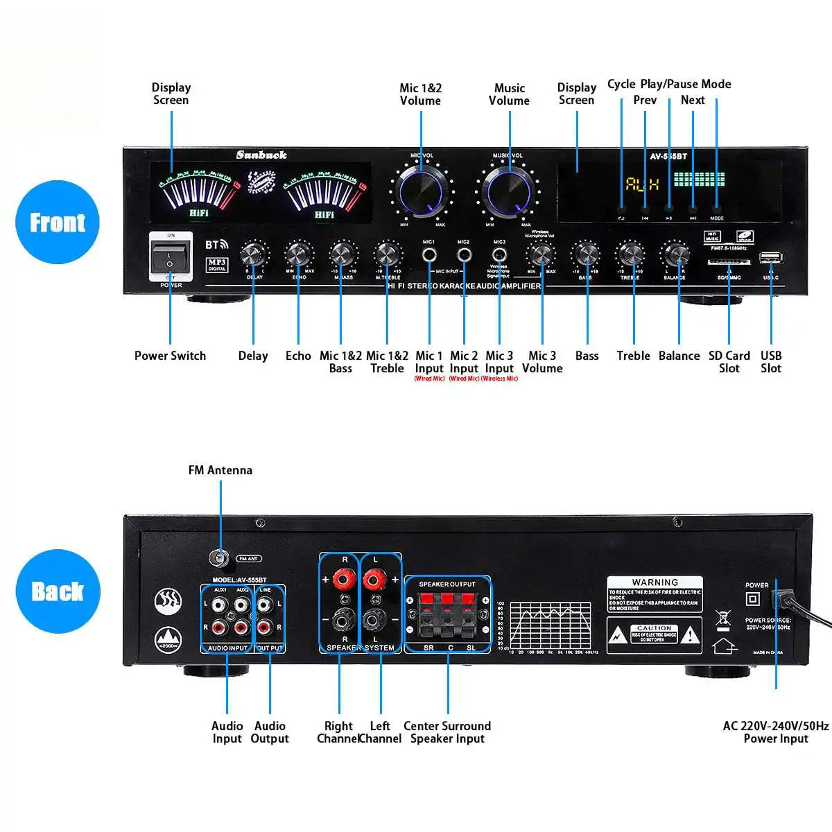 AV555BT 4000W 5CH Home Theater 12V bluetooth Home Power Amplifier Audio Stereo amplificador FM USB