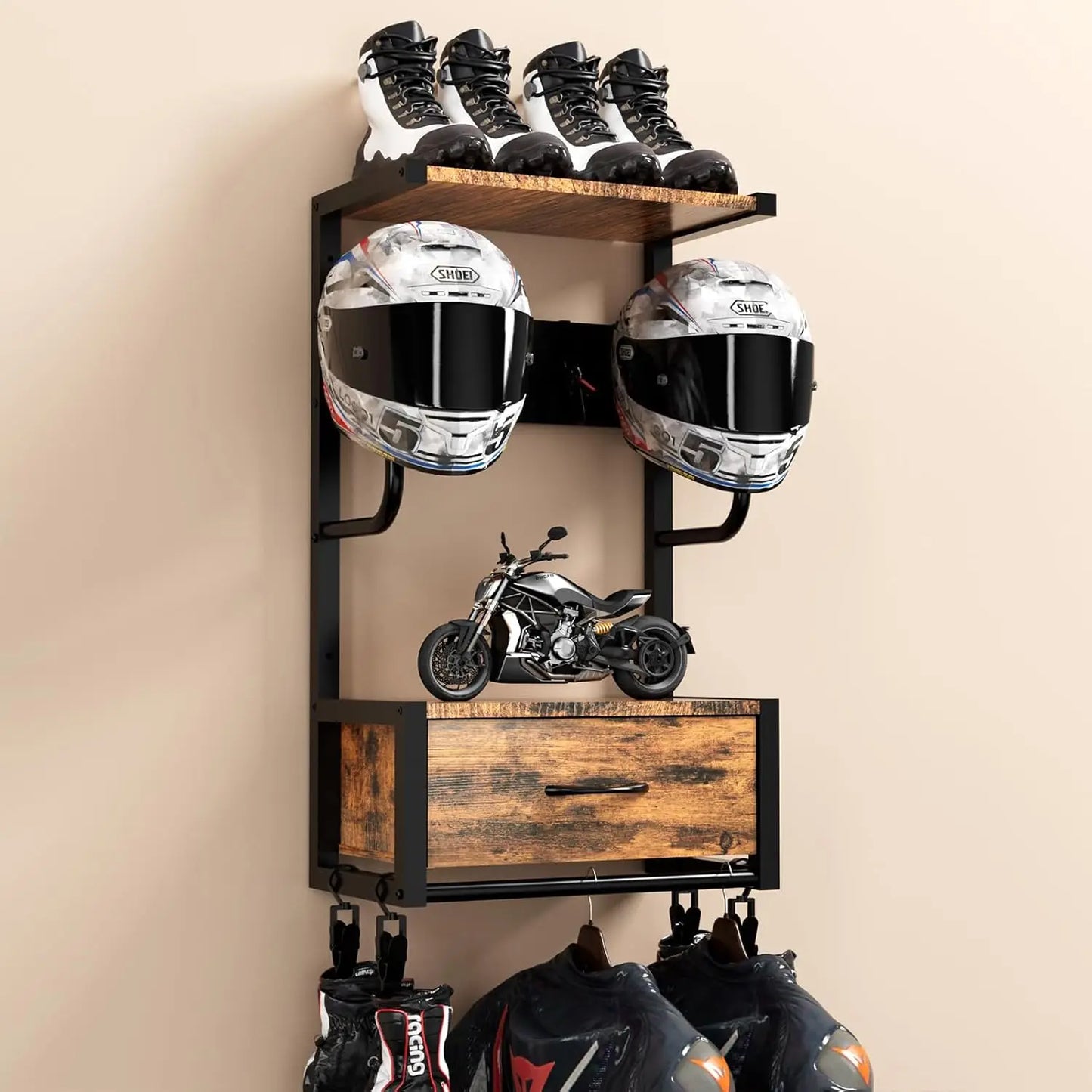 Motorcycle Helmet Holder, Wall-Mounted Rack W/4 Glove Chips & Hooks, Bike Helmets Storage Organizer