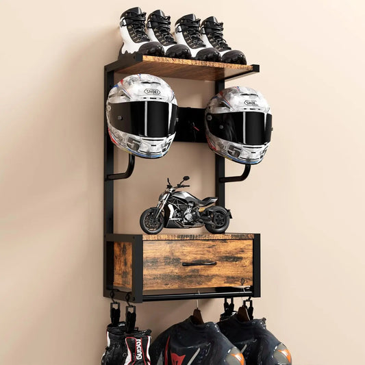 Motorcycle Helmet Holder, Wall-Mounted Rack W/4 Glove Chips & Hooks, Bike Helmets Storage Organizer