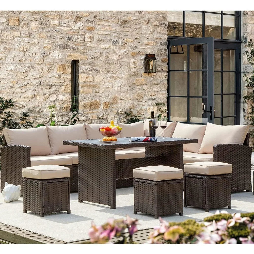 7 Pieces Patio Furniture Set,Sectional Sofa All Weather Wicker Rattan Couch Dining Table & Chair