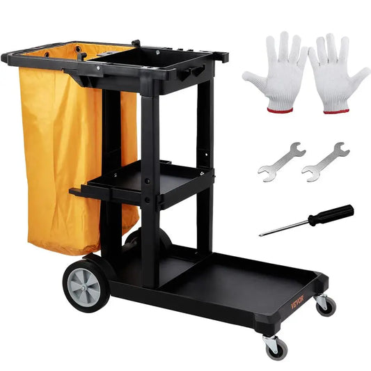 Cleaning Cart, 3Shelf Commercial Janitorial Cart, 200 lbs Capacity Plastic Housekeeping Cart