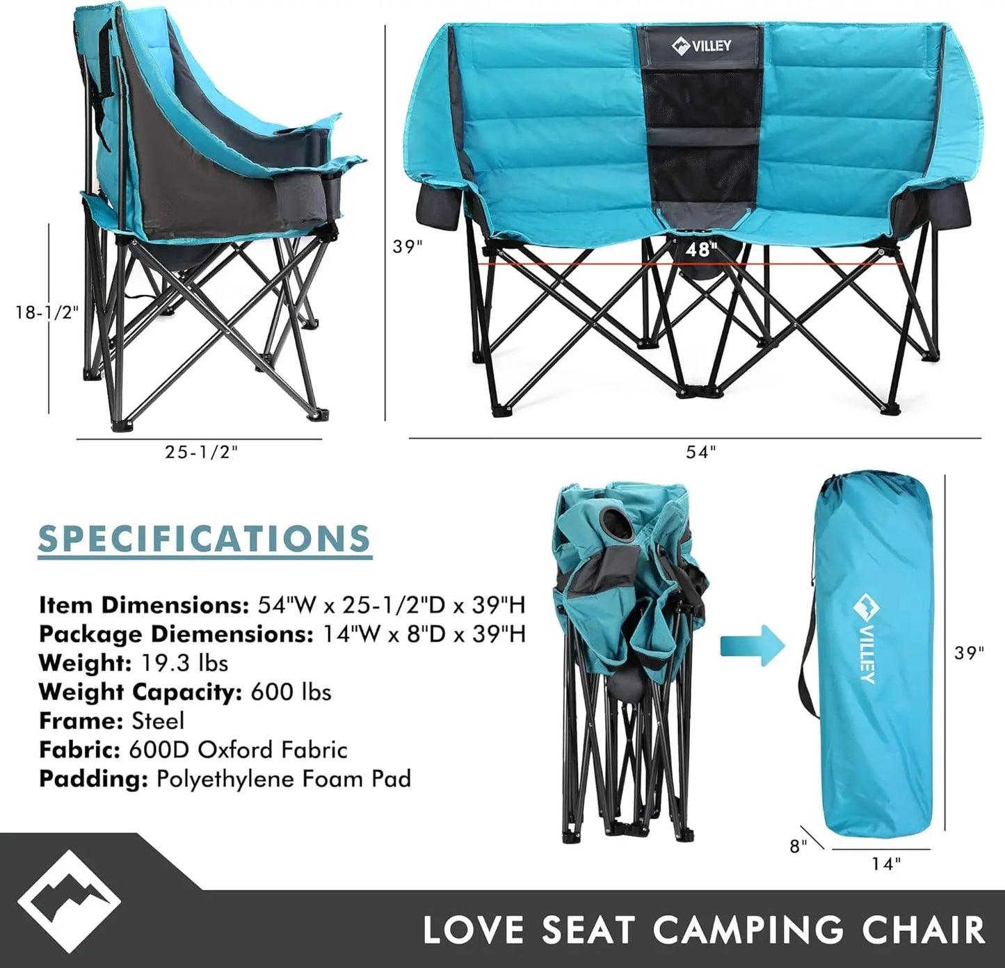 Villey Double Camping Chair w/Cooler Bag, Extra Wide Loveseat, Heavy Duty Padded Camping Couch