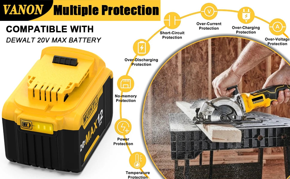 VANON 1/2/4Pcak 12.0Ah 20v DCB200 Replace for Dewalt 20v Battery Pin DCB204 DCB205 Li-on