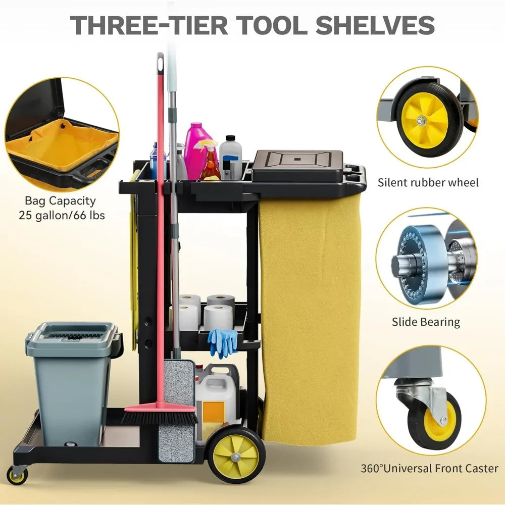 three-shelf traditional plastic janitorial cleaning cart with two yellow shelves for commercial