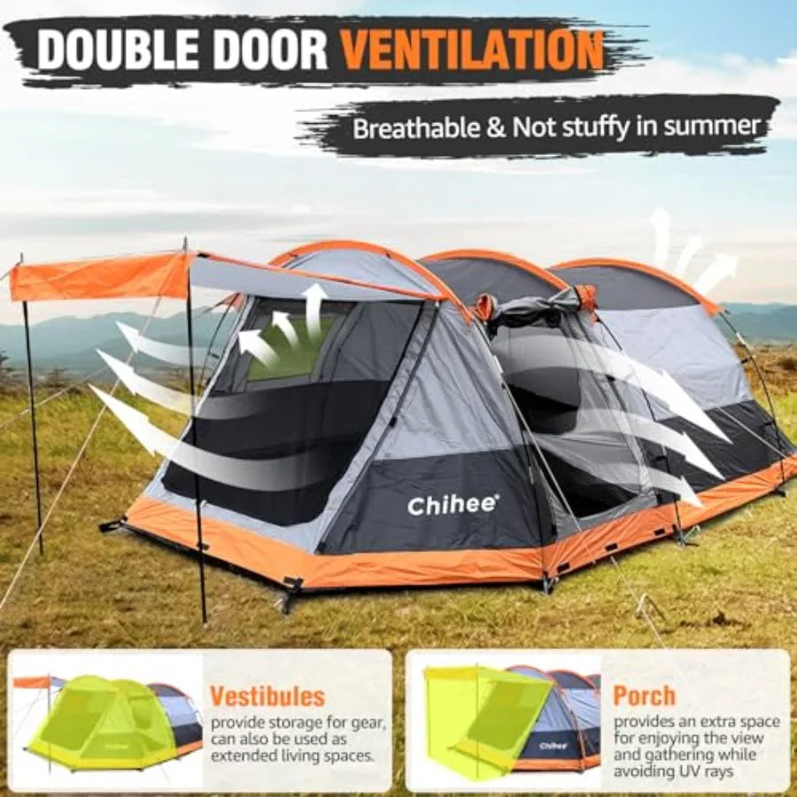 Camping Tents Tunnel Tent 4 Person Family Tents with 2 Doors Extra Weatherproof Outdoor Shelter