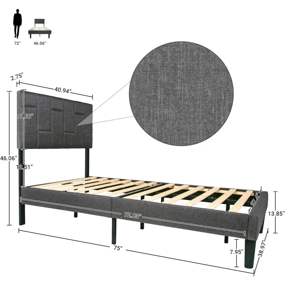 Modern children's double bed platform bed frame w/Soft padded geometric headboard, No springs