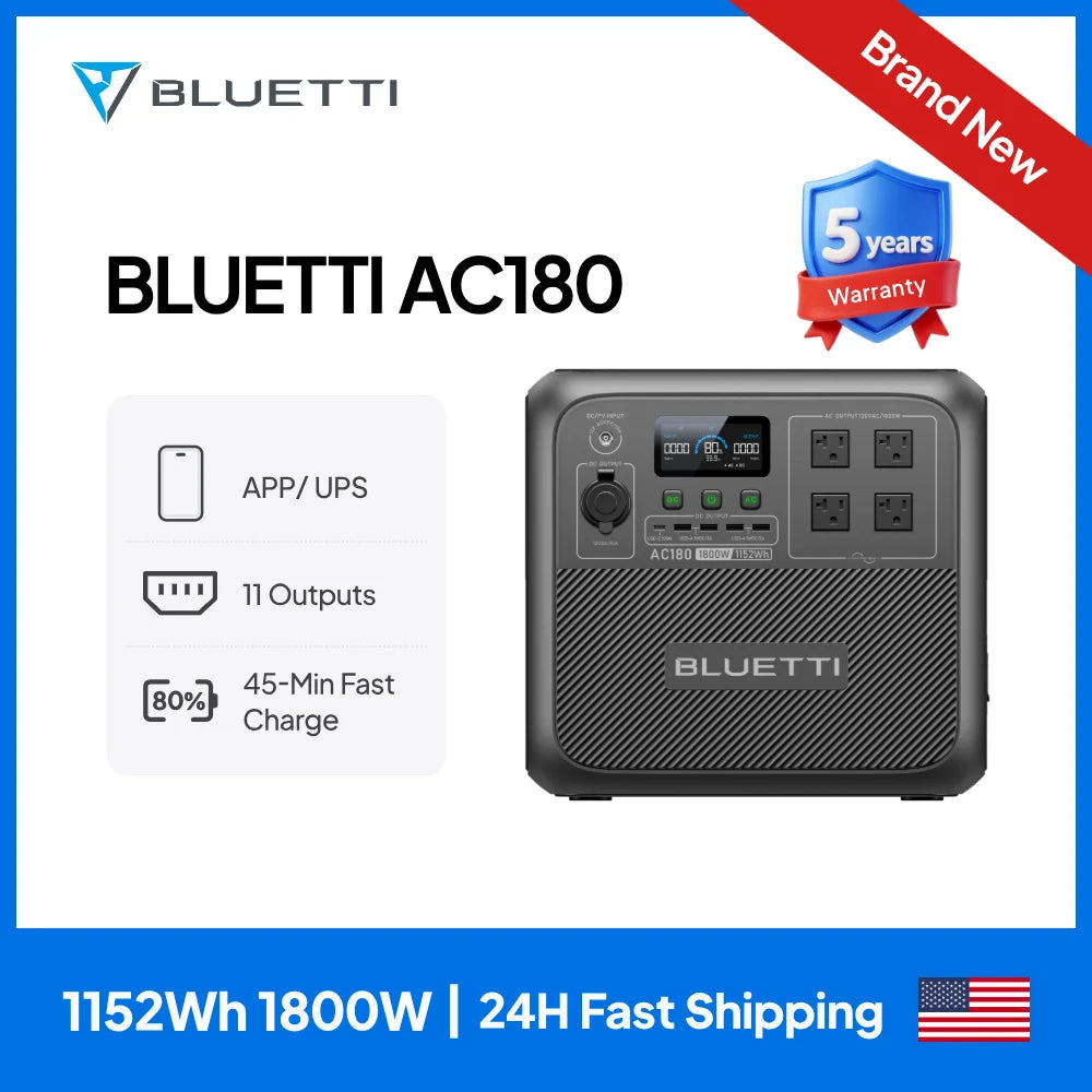 【Brand New Warranty 5 Years】BLUETTI AC180 Solar Portable Power Station 1800W 1152Wh Solar Generator