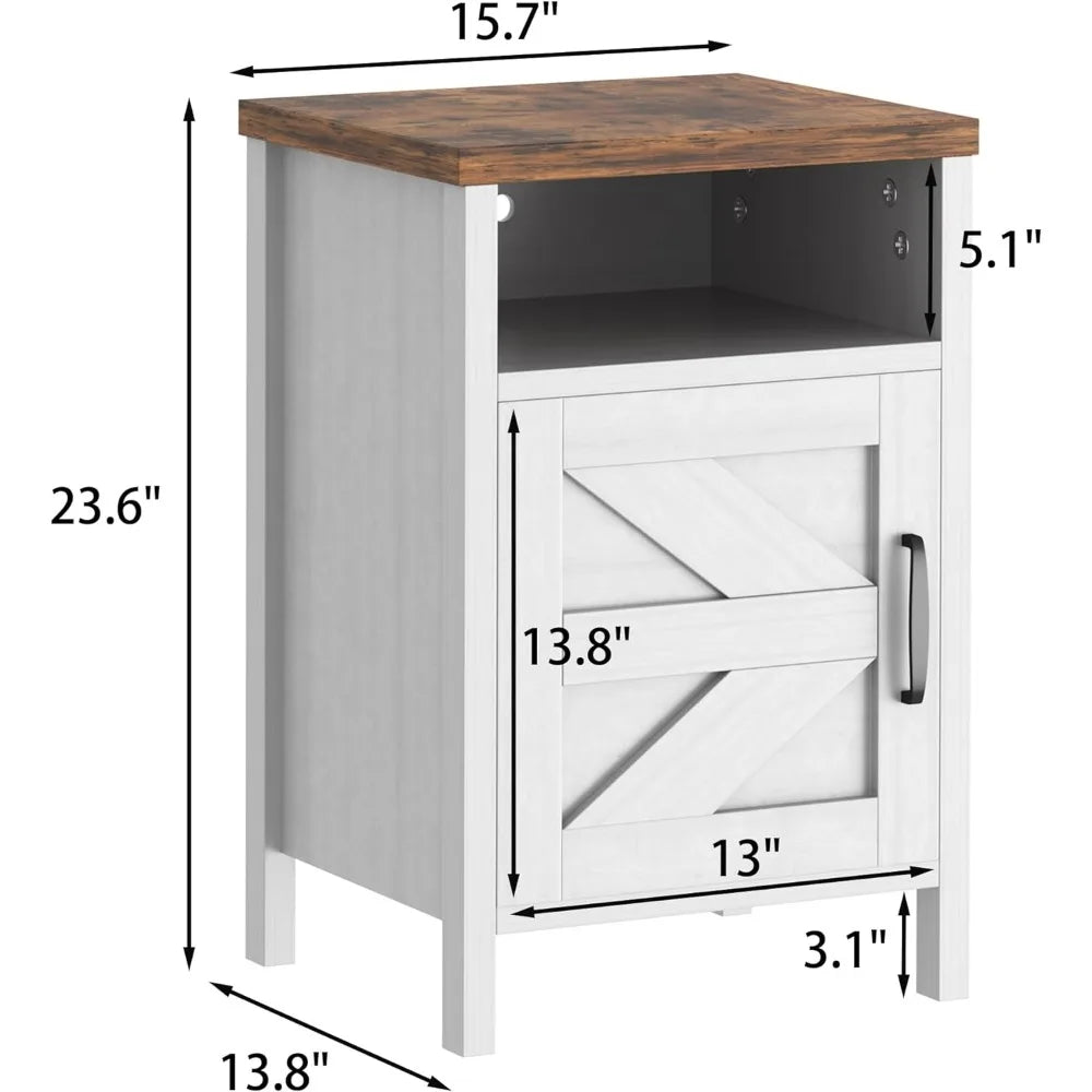 Farmhouse Nightstand, Modern Bedside Table Set of 2 with Barn Door and Shelf, Rustic End Table