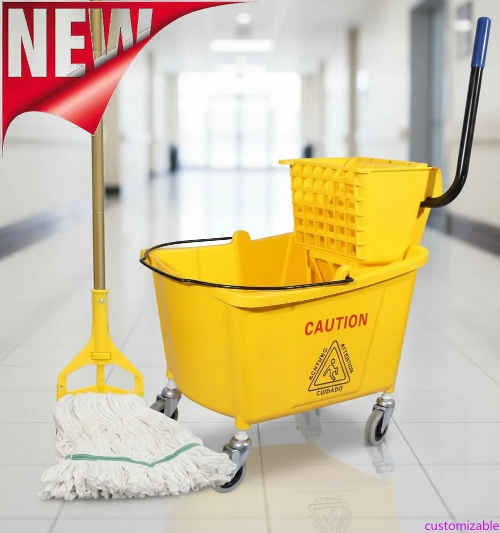 35 Quart Commercial Mop Bucket with Side Press Wringer, Yellow, Includes Mop for Floor Cleaning