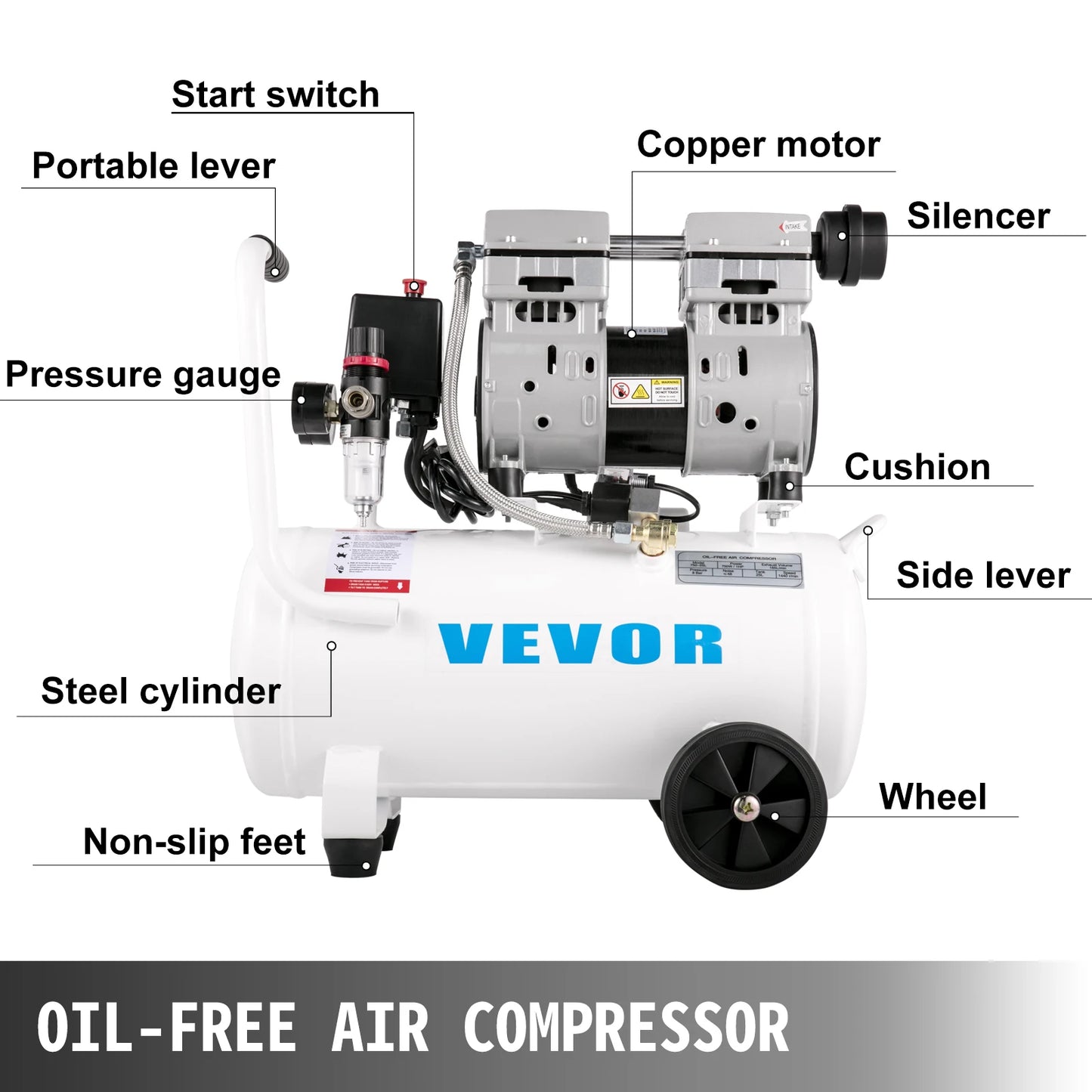 VEVOR 25/60L Air Compressor 110V/240V Silent Oil-Free Air Compressor 750W 1 HP Whisper Air