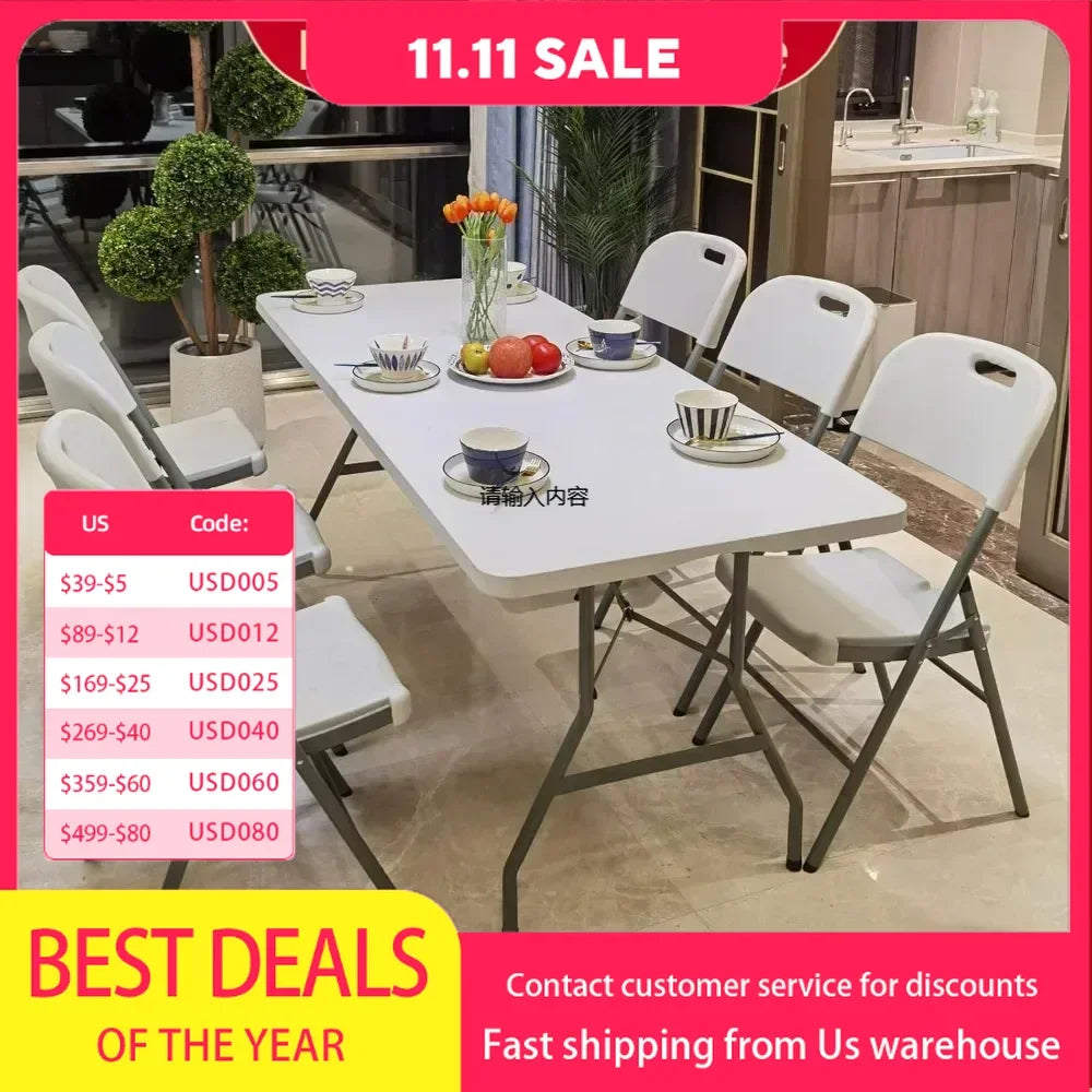 7 Foot Folding Table 78 Inch Plastic Folded With Handle Heavy Duty Portable