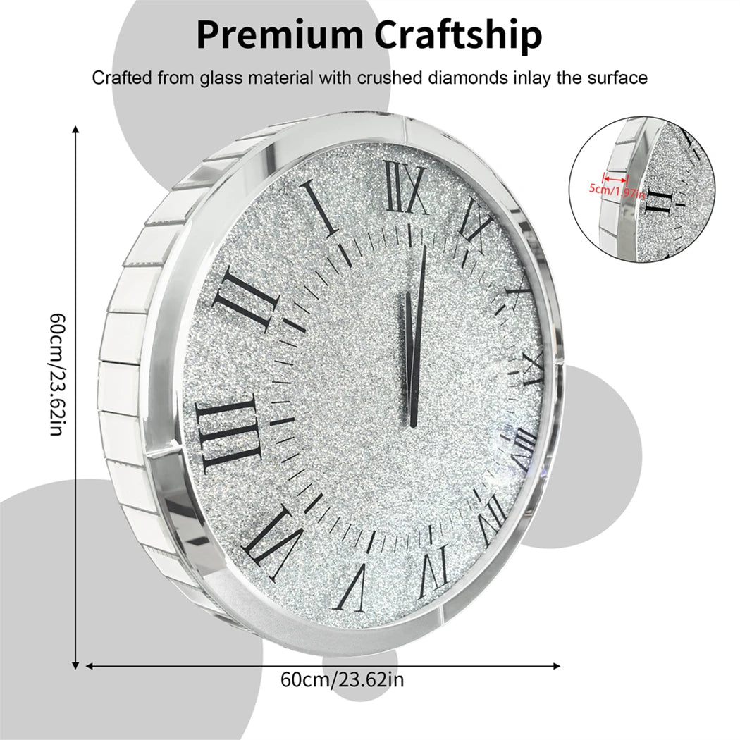 60 CM Crushed Diamond Wall Clock Roman Numerals Clock Quartz with Crystal Diamond Edge