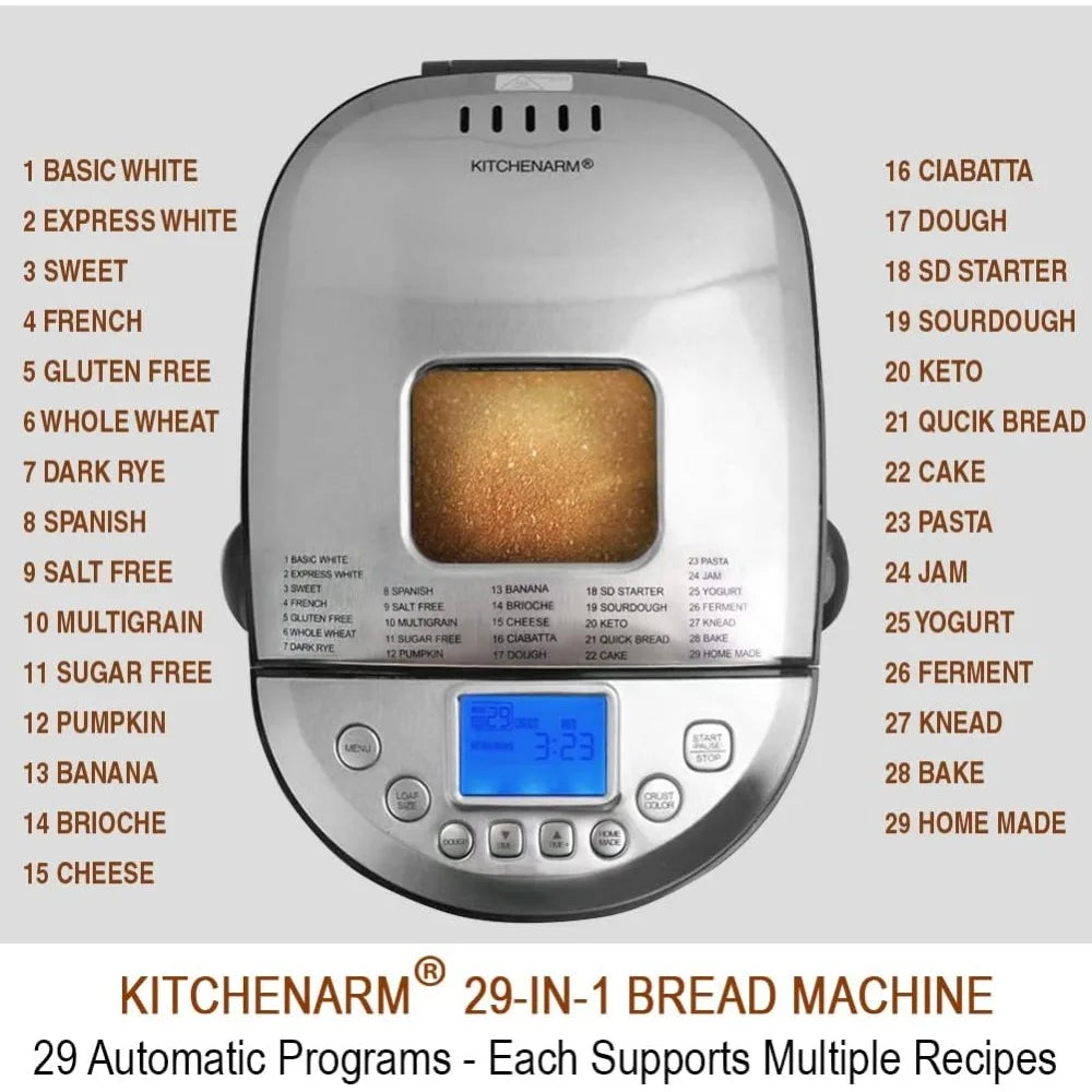 29-in-1 SMART Bread Machine with Gluten Free Setting 2LB 1.5LB 1LB Bread Maker Machine - Stainless