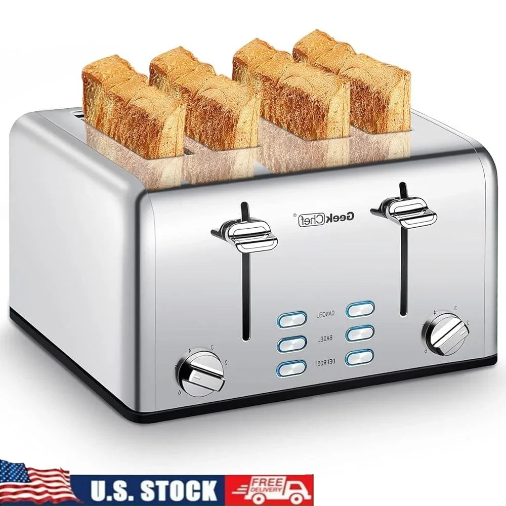 4 Slice Toaster Stainless Steel Extra Wide Slots Bagel Defrost Cancel/6 Levels Dual Control Systems