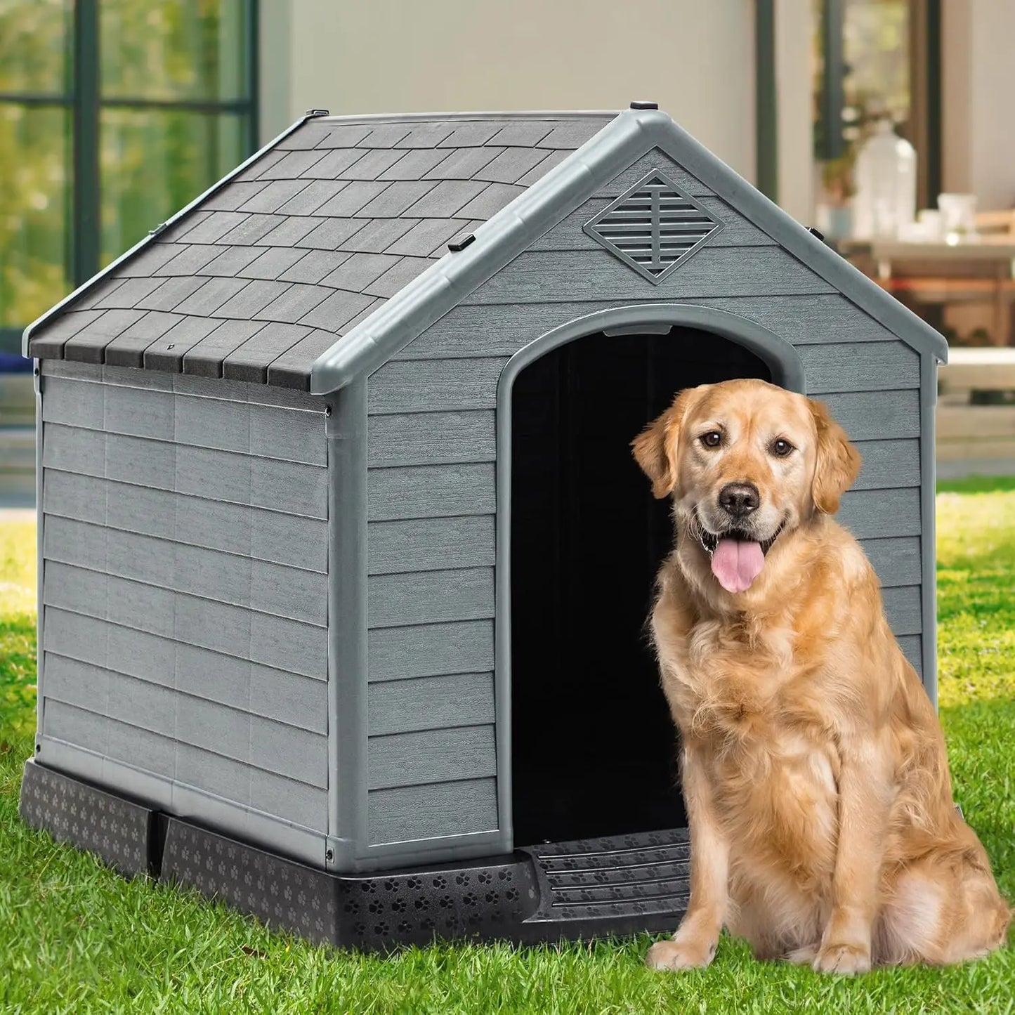 YITAHOME 34.5'' Large Plastic Dog House Outdoor Indoor Doghouse Puppy Shelter Water Resistant