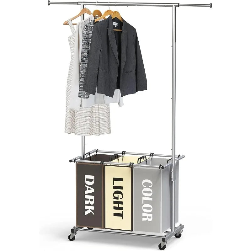 3 Bag Laundry Sorter Rolling Cart w/Garment Rack Hanging Rod, Silver