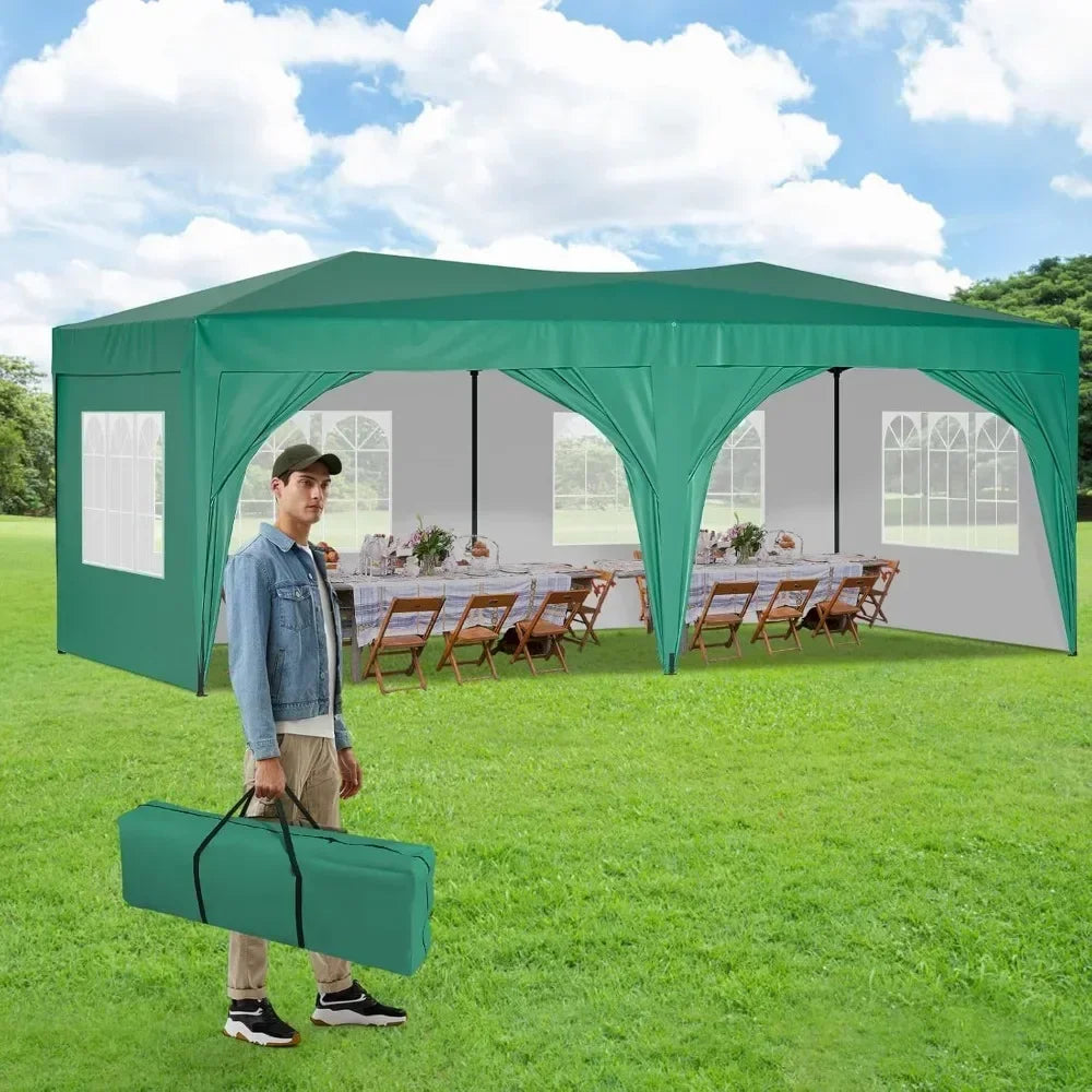 Awning 10x20 w/Sidewalls, Sun-Resistant Heavy Duty 10x20 Pop Up Canopy w/6 Sand Bags, Green Foldable