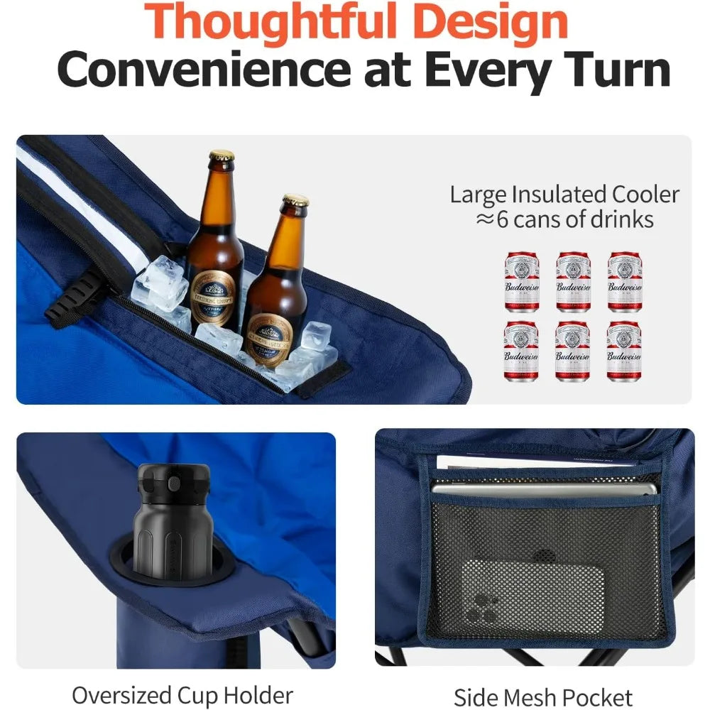 Oversized XL Camping Chair - 450lbs Support Heavy-Duty Padded Folding Chair w/Cup Holder Cooling Bag