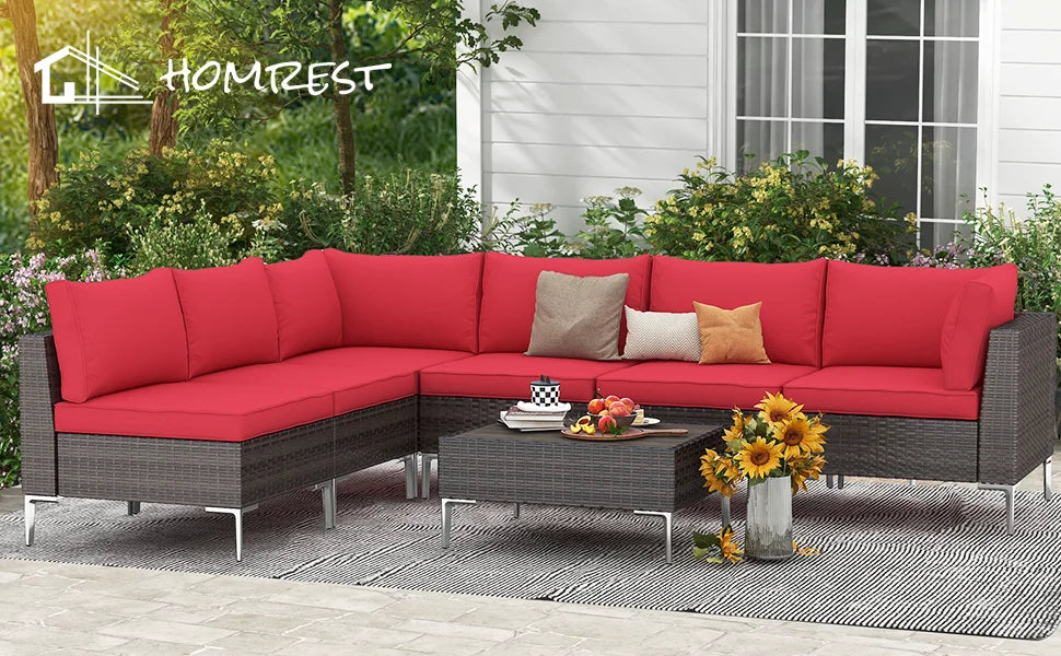 7 Pieces Outdoor Sectional Sofa PE Rattan Wicker Patio Conversation Set, w/Wood Plastic Composites