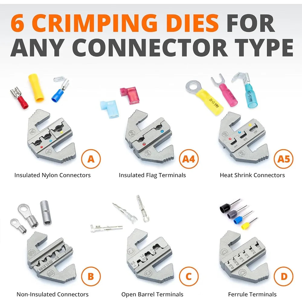 Wirefy Crimping Tool Set 8 PCS - Ratcheting Wire Crimper - Heat Shrink, Non-Insulated, Open Barrel