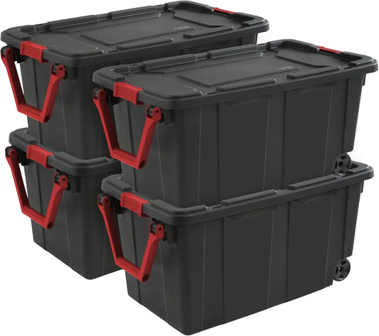 4-Pack Industrial Tote, Heavy-Duty Storage Bins w/Lids and Wheels, 40 Gallon - Stackable