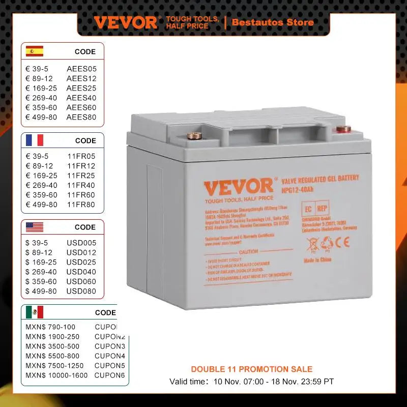 VEVOR Deep Cycle Battery 12V 40/100/200 AH AGM Marine Rechargeable 400A/800A/1400A Discharge Current