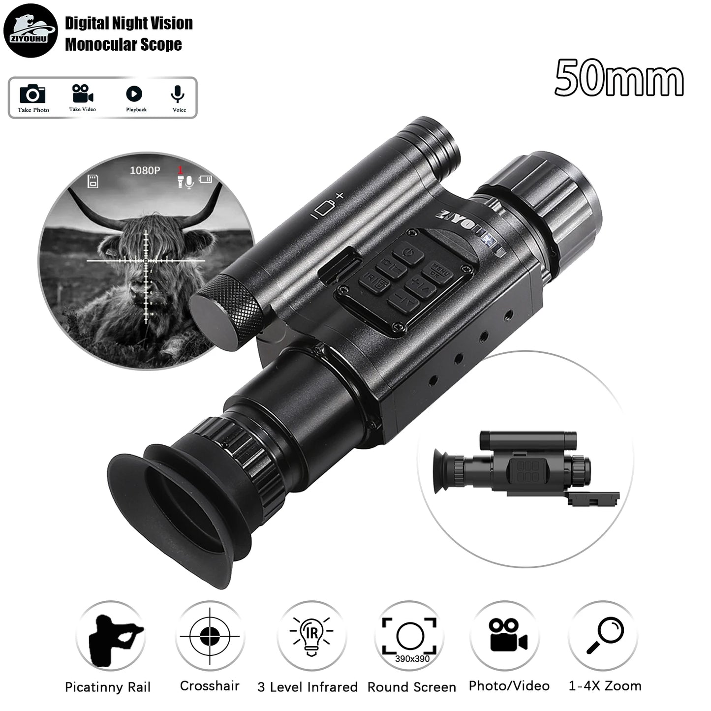 ZIYOUIHU NV075 HD Infrared Monocular Night Vision Video Camera, Hunting Night Vision Scope,Lens Opti