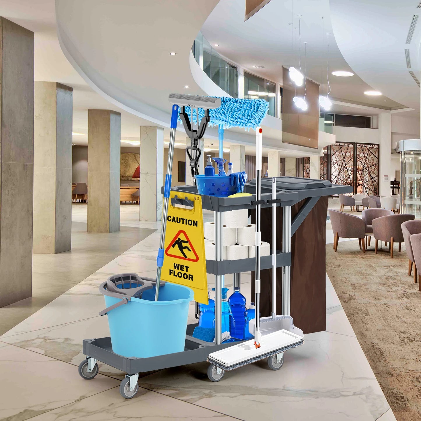 Cleaning Janitorial Cart On Wheels,25 Gallon Vinyl bag, Extra-Large Front Platform,Heavy-Duty