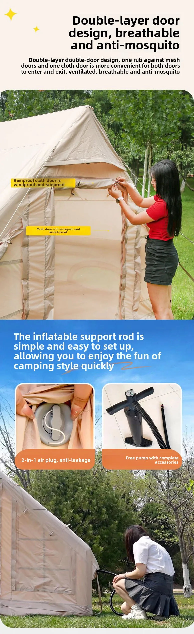 Inflatable tent camping for 1-6 people, hand pump inflation tent, w/skylight and chimney waterproof