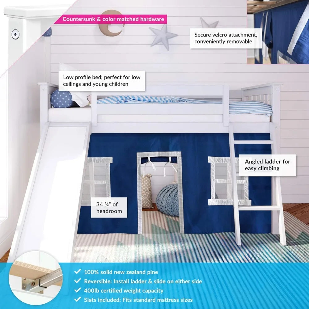 Low Loft Bed,Twin Bed Frame For Kids With Slide and Curtains For Bottom