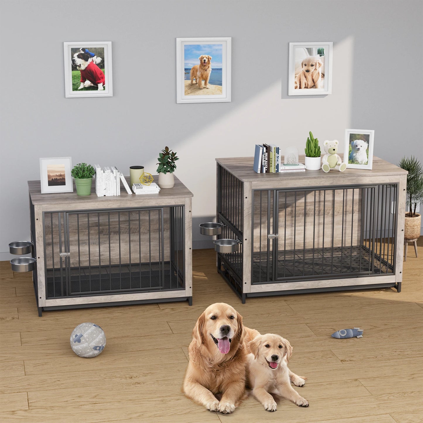 Furniture Style Dog Crate,Wooden Heavy Duty/ Raised Feeder/Dogs 2 Stainless Steel Bowls Brown/Gray