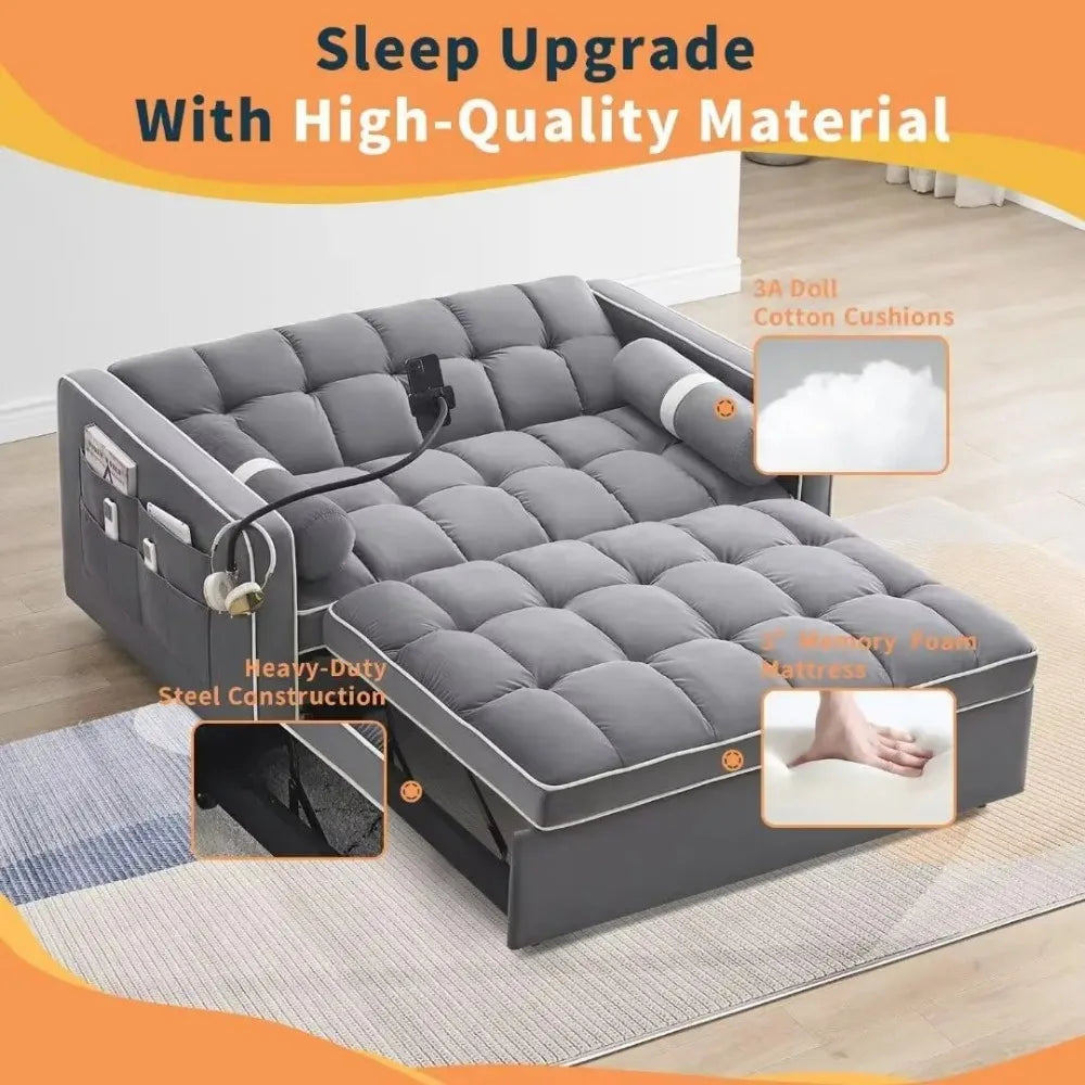 Sleeper Sofa Couch/ Futon Sofa Bed, 3 in 1 Convertible Pull Out w/ USB Port & Swivel Phone Stand